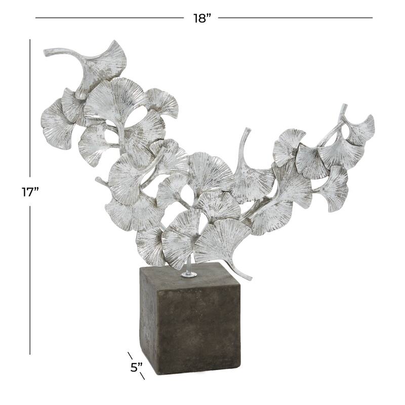 Silver Polystone Floral Decorative Sculpture with Black Block Base