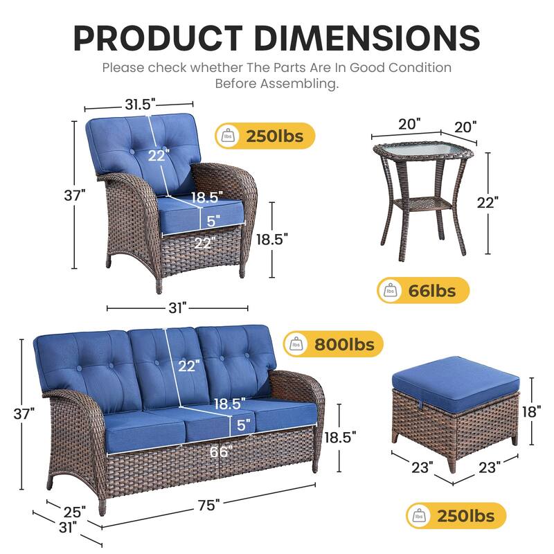 Gymojoy 6-Piece Outdoor Wicker Patio Furniture Set, 5" Thick Cushioned Rattan Conversation Set