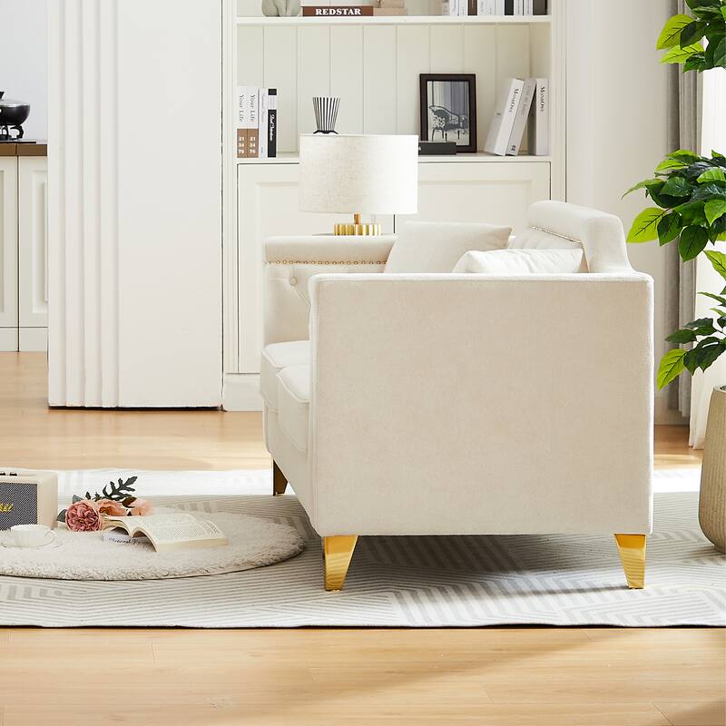 Chenille Fabric Sofa with Gold Metal Legs, Button Tufting, and Brass Nail Detail