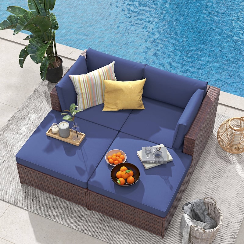 4-Piece Patio Sectional Sofa Wicker Furniture Set Outdoor daybed With Water resistant cushion - Brown/Blue