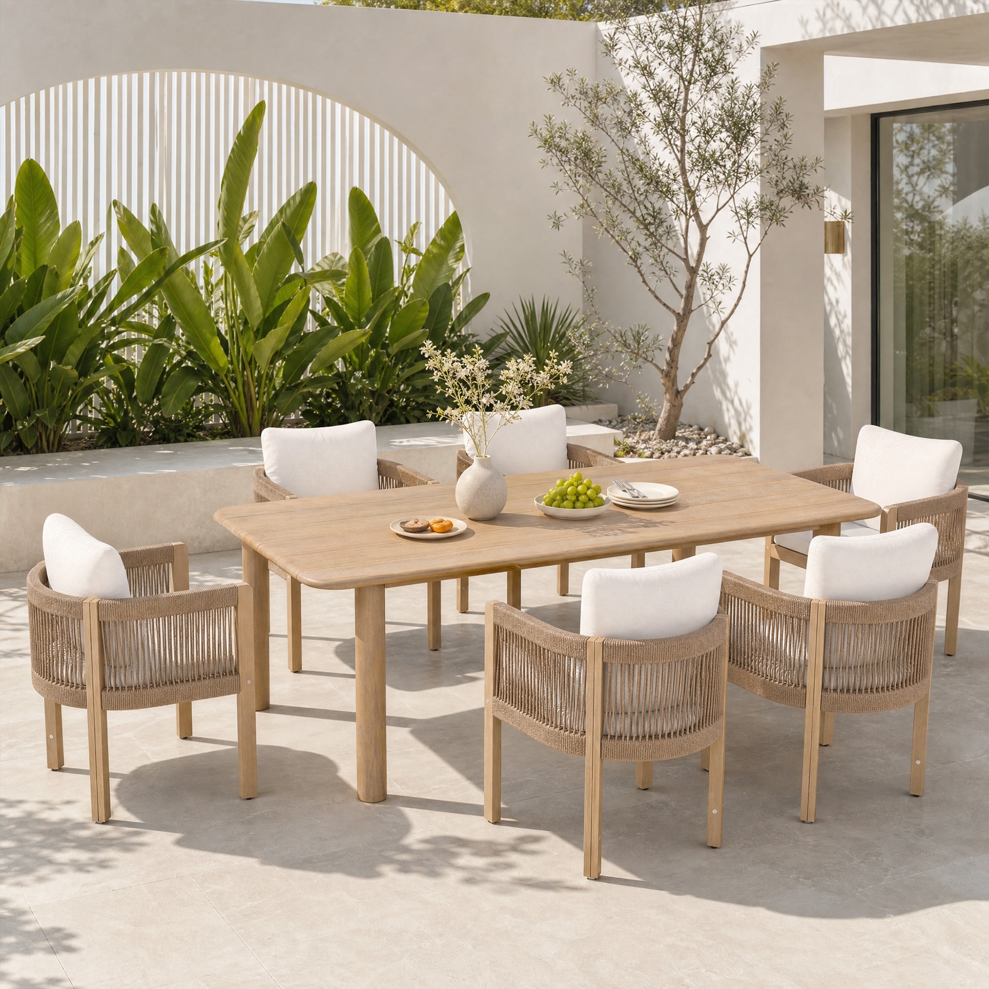 Outdoor Dining Set 7-Piece Acacia Wood Rope-Woven Arm Chairs with Dining Table