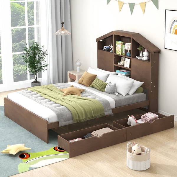 slide 2 of 10, Full Size Platform Bed with 2 Drawers & Storage Headboard, House-Shaped Bedframe for Kids' Bedroom, No Spring Needed Required Walnut