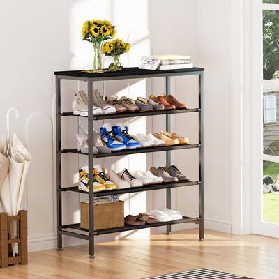 5 Tier Shoe Rack, Sturdy Black Metal Framed Free Standing Shoe Shelf,Uniquely Versatile and Spacious Wood Top Storage