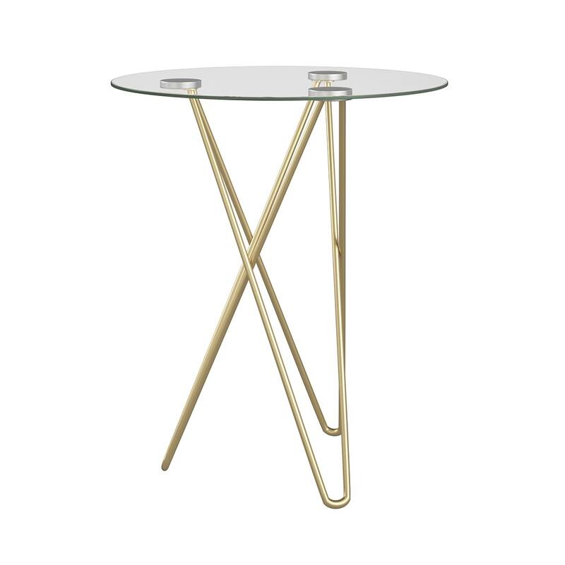 Contemporary Round Gold Metal Side End Table with Clear Glass Top and Geometric Legs for Living Room