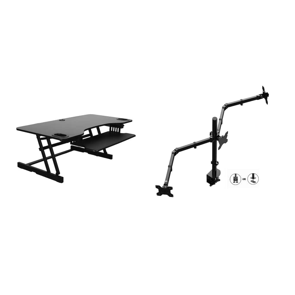 Rocelco 45 in. W Black Height Adjustable Standing Desk Converter with Triple Monitor Mount and Deep Keyboard Tray