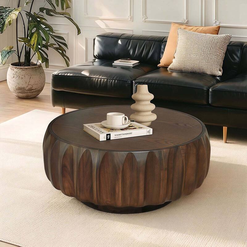 Round Coffee Table, Drum Coffee Table Contemporary Wood Round Coffee Table with Fluted Centry Table