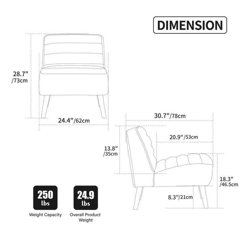 24.4" Wide Modern Upholstered Armless Chair With Black Wood Legs,Accent Chair