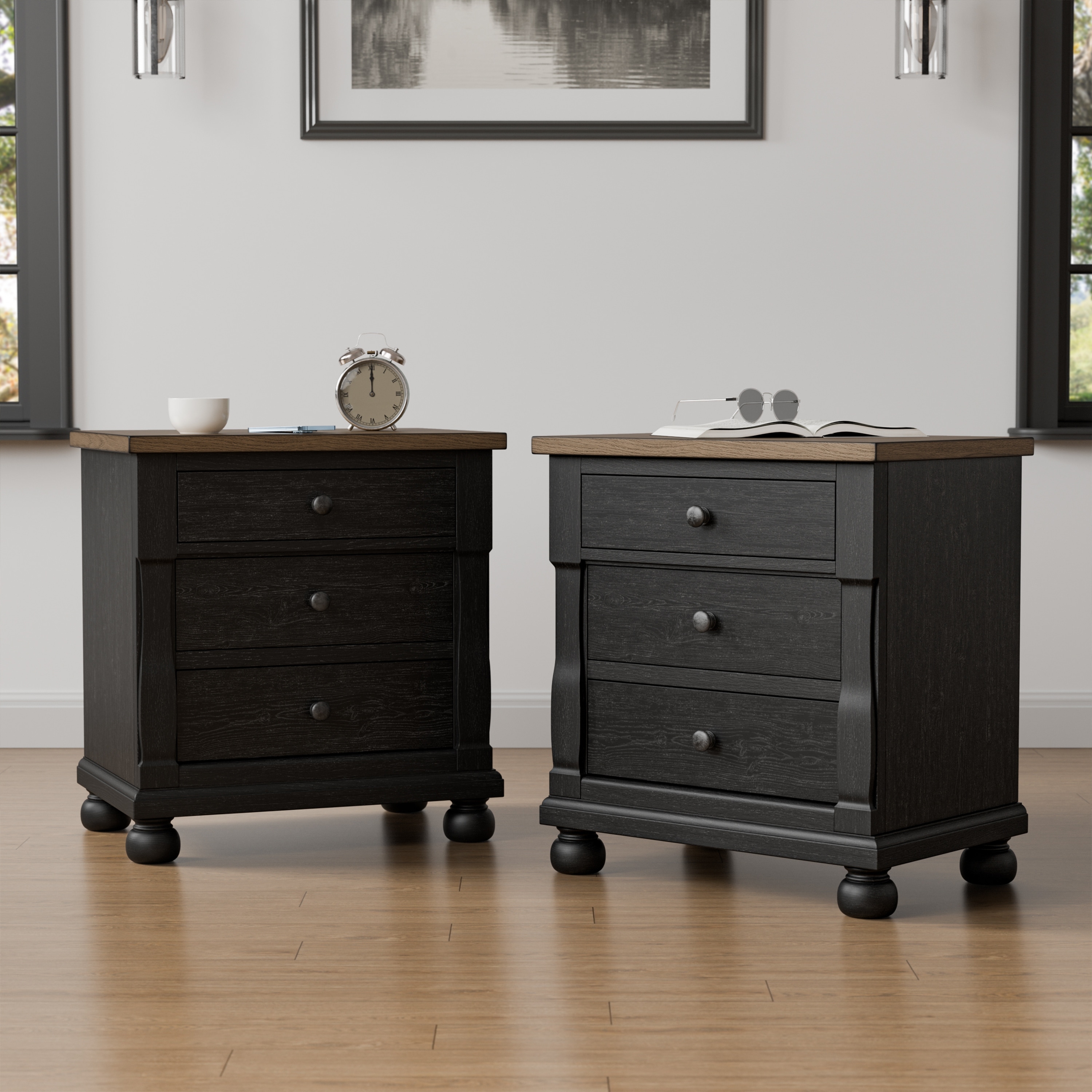 Furniture of America Lucan II Farmhouse Black Solid Wood 3-Drawer Nightstand (Set of 2)