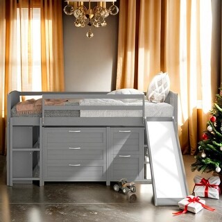 Low Twin Size Loft Bed with Cabinets, Shelves and Slide - Gray