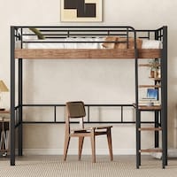 Metal Full Size Loft Bed w/ Desk, Storage Shelf, Ladder Platform Bed ...