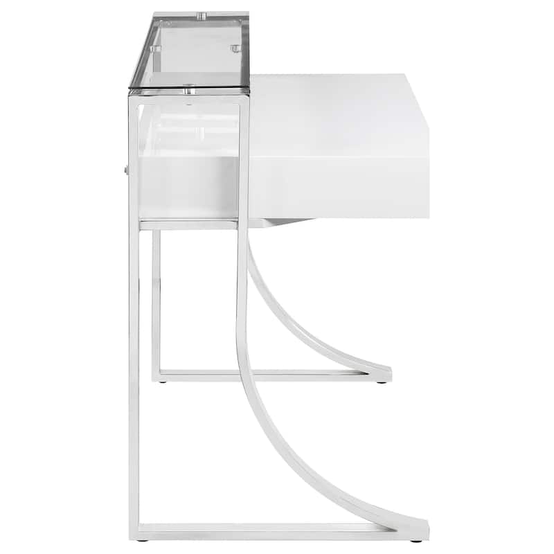 GDFStudio - Serrano High Gloss Writing Desk with Hutch, 2 Drawers, Chrome Metal Frame, and Tempered Glass Accent
