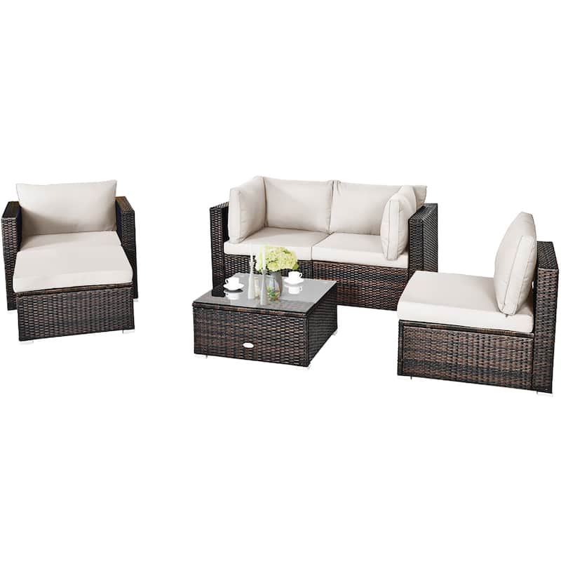 6PCS Patio Rattan Furniture Set Outdoor Conversation Set w/ Cushions - Beige