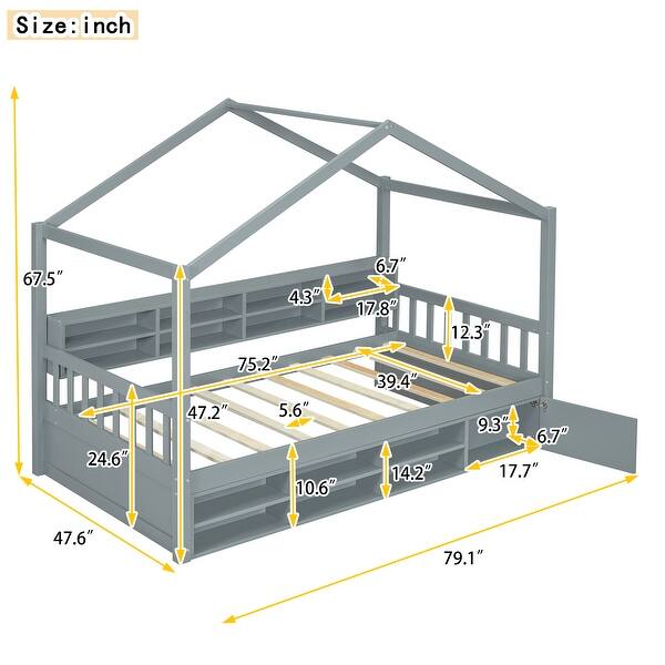 Twin Size Wooden House Bed with Shelves and a Mini-cabinet, Wood Bed Frame with Roof for Kids, Teens, Boys & Girls, Gray