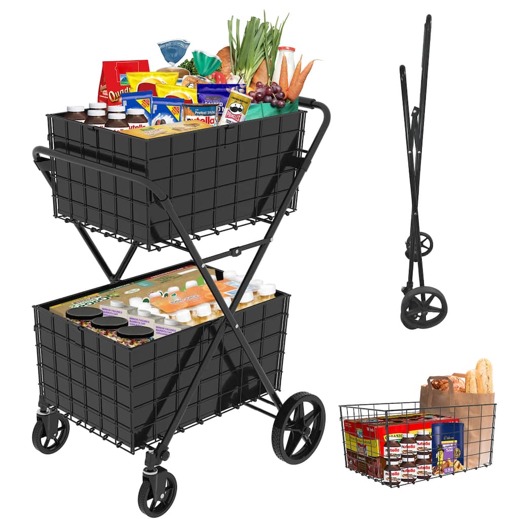 Foldable 2 Layers Grocery Shopping Cart w/ Double Basket and 360 Rolling Swivel Wheels