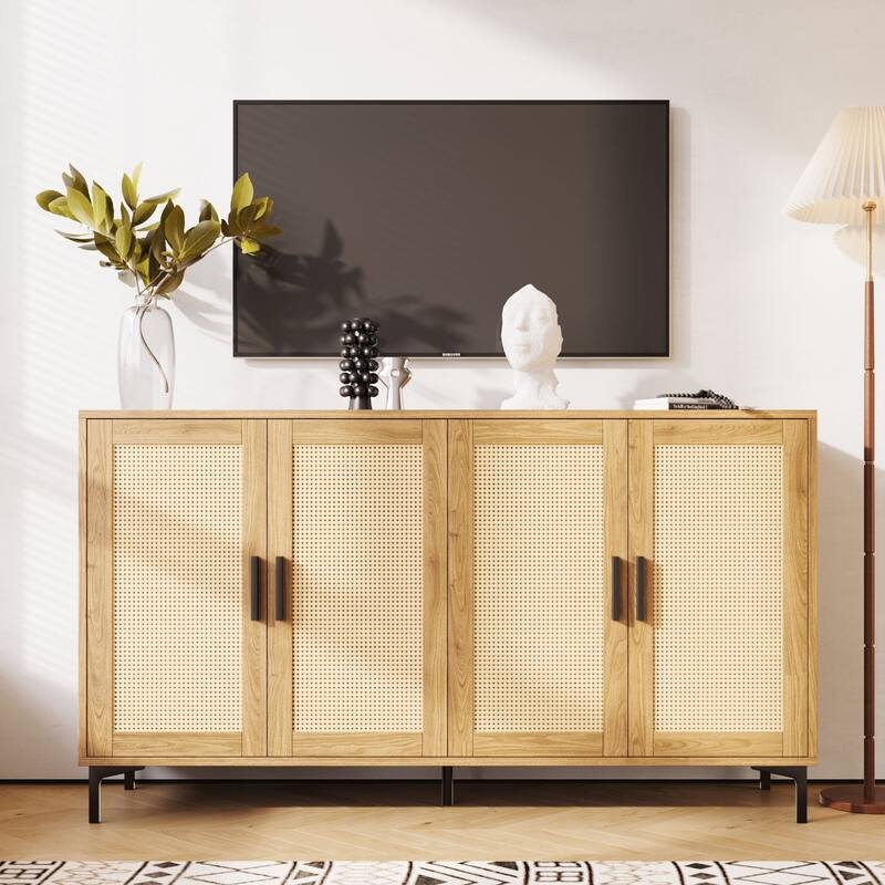 JASIWAY Buffet Table Kitchen Sideboard with Rattan Decorated Doors