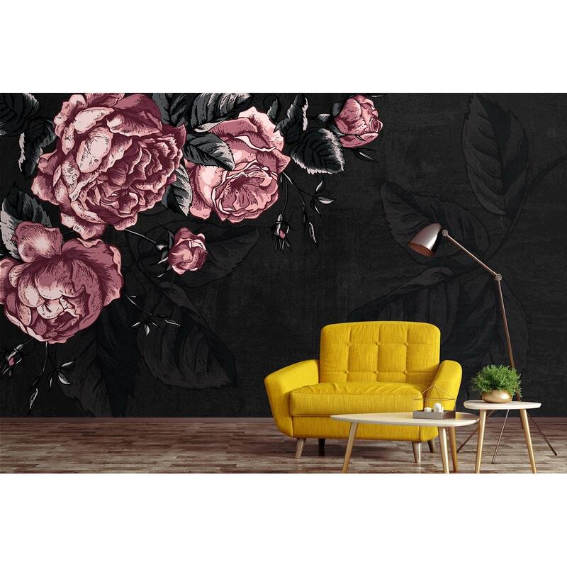 GK Wall Design Dark Flower Pink Peony Drawing Leaves Removable Wallpaper