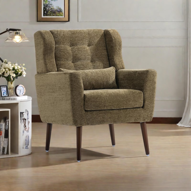 Chenille Modern Accent Chair with Wooden Legs and Mid-Century Lounge Chair (275lb Capacity) - Olive Green