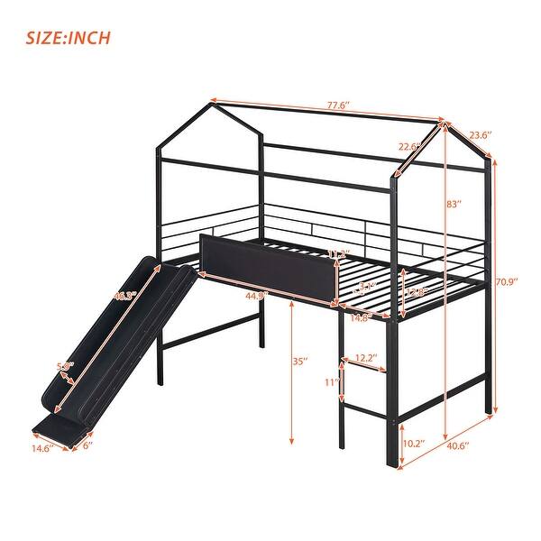 dimension image slide 1 of 3, Metal House Bed Twin Size Loft Bed for Kids with Slide, Blackboard, Ladder Mosquito Net Brackets and Roof, Fun Platform Bed