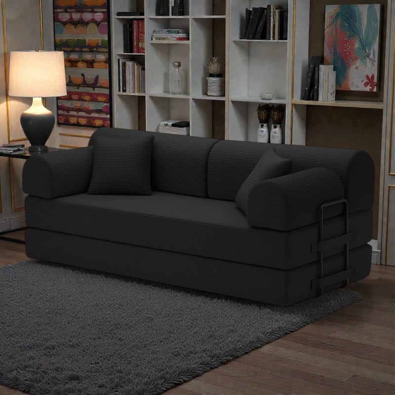 Convertible Sleeper Sofa Bed, 4-in-1 Corduroy Folding Floor Couch with Cylindrical Pillow, 2-Seat Space-Saving Lounge Sofa - Black