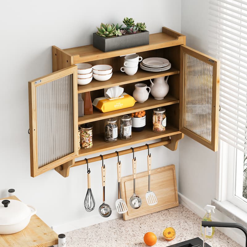 24.8"Glass Door Wall Cabinet with 3 Tiers of Storage with Towel Rack