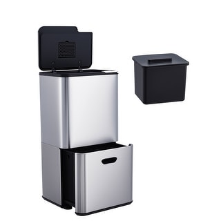 16 Gal Dual Trash Can for Kitchen, 2 Compartment Garbage Can with Compost Bin, Trash and Recycle Bin Combo