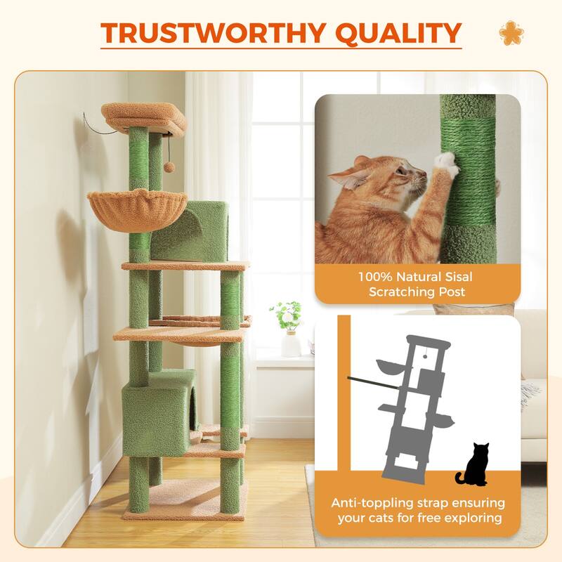 66" Cat Tree, Cat Tower with Sisal-Covered Scratching Post, Super Large Metal Hammock and 2 Big Condos