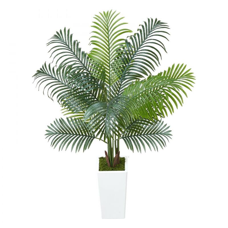 Green Lifelike Faux Areca Palm Tree with Moss-Covered Planter for Indoor Plant Decoration