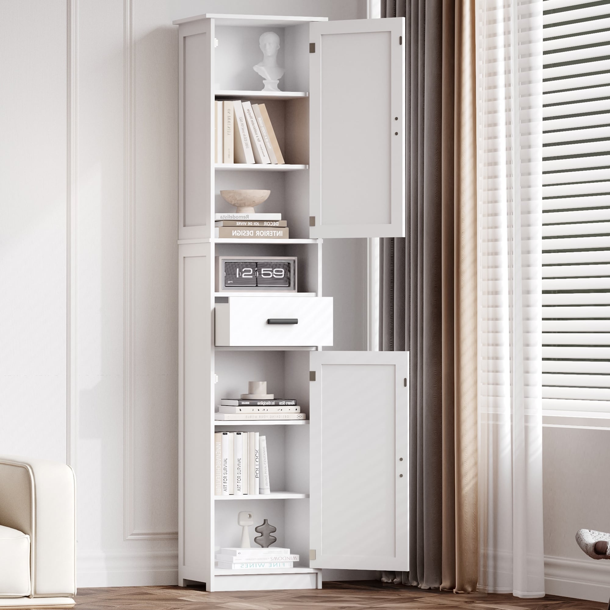 69" H Tall Bathroom Storage Cabinet with 2 Barn Doors and 1 Drawer, Narrow Storage Unit, Adjustable Shelves,Floor Cabinet