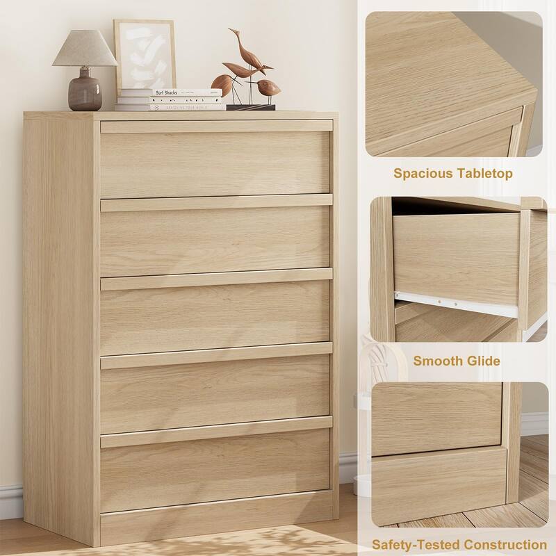 5 Drawer Dresser for Bedroom, Freestanding Wooden Chest Storage