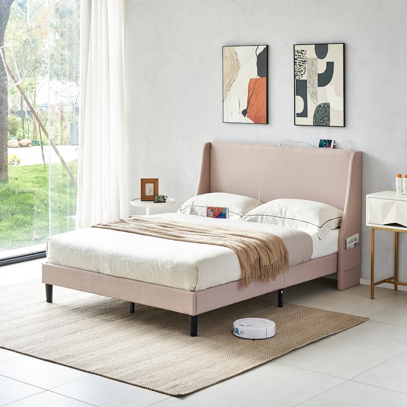 VECELO Bed Frame with Upholstered Wingback Headboard,Platform Bedframe with Charging Station & Side Pockets