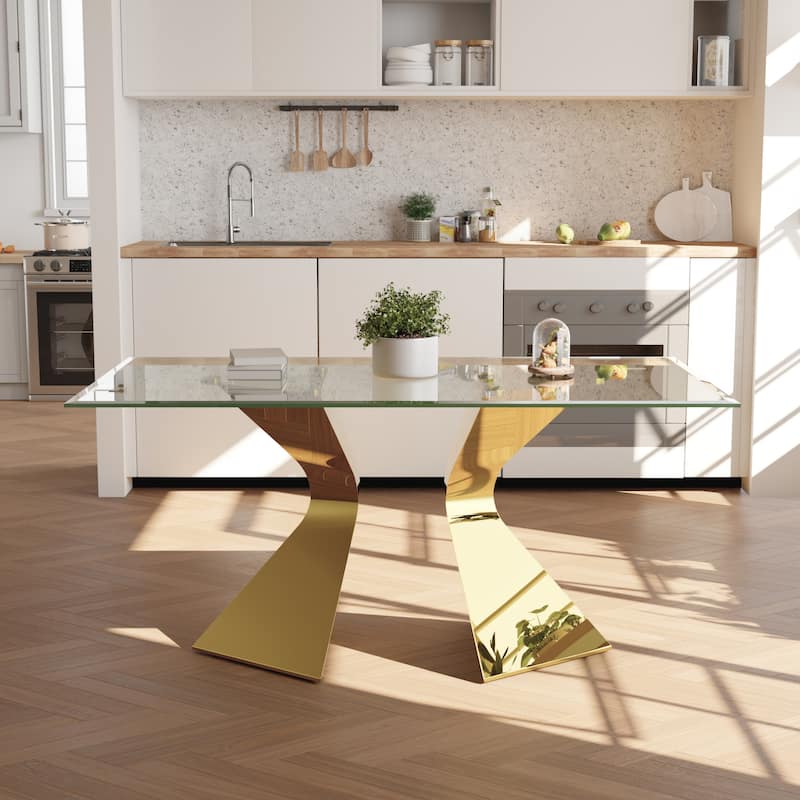 Luxury Gold Dining Table Set with 63 inch Glass Dining Table and White Leather Dining Chairs