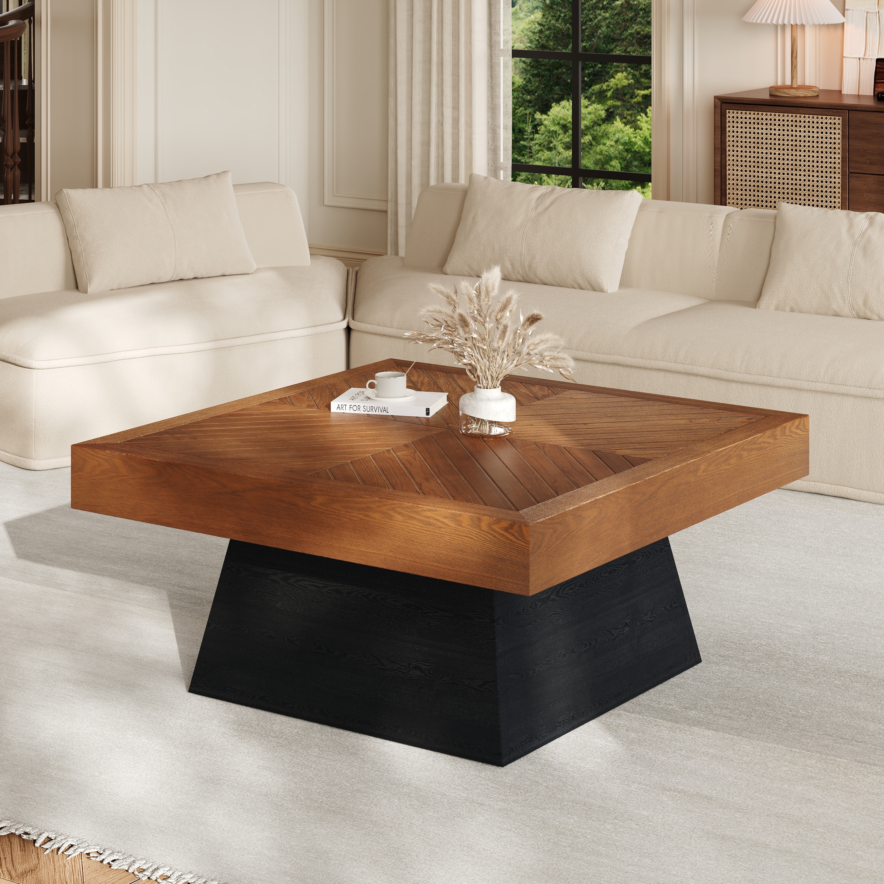 Modern Square Coffee Table for Living Room 31.5 Inch, Brown Wood Grain Top & Black Base, Mid-Century Farmhouse Style