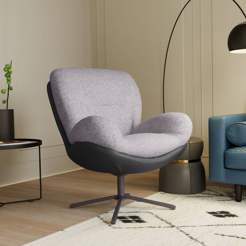 360° Swivel Accent Chair, Modern Chenille Lounge Chair with Faux Leather and Black Metal Base Frame, Comfortable Reading Chair - Black,Light Gray