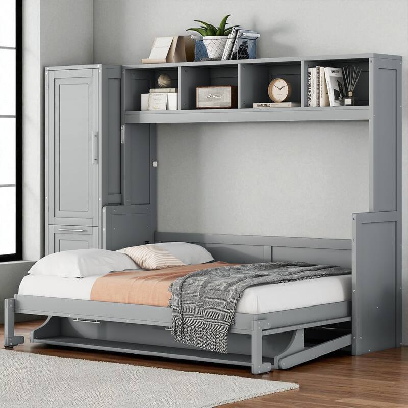 Full Size Murphy Bed with Closet and Drawers, Wall Bed with Wardrobe and Storage Shelves, Space-Saving Folding Bed