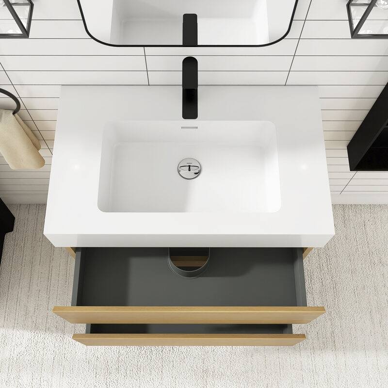 24/30/36 inch Wall-Mounted Bathroom Vanity Set in Oak with Integrated Resin Sink