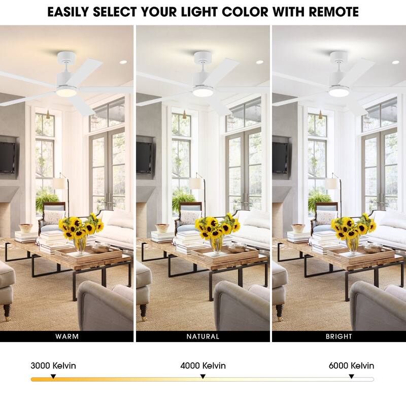 52" Modern Wooden 5-blade White Indoor Ceiling Fan with Light and Remote