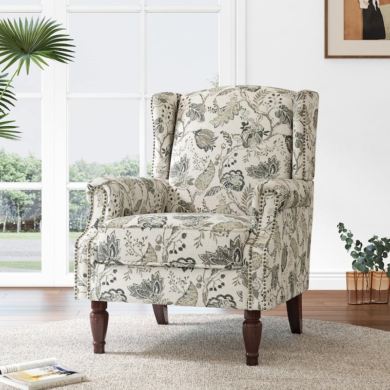Mid-Century Modern Linen/ Vegan Leather Wing Back Accent Chair - Plants Beige-Linen