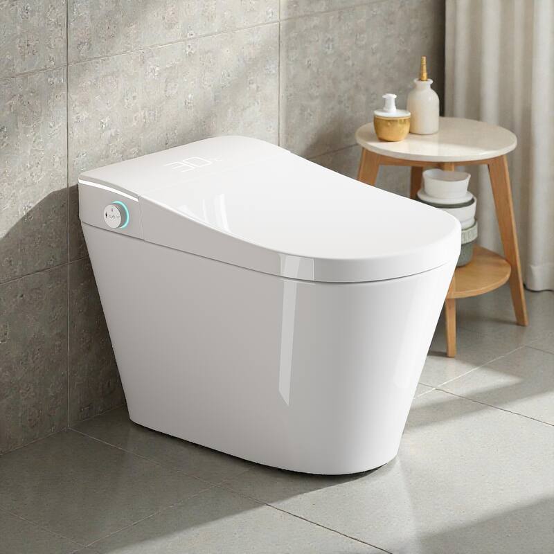 Smart One Piece Toilet with Built In Bidet. Auto Open Close Seat. Heated Seat. Warm Water. Dryer. Remote Control - White