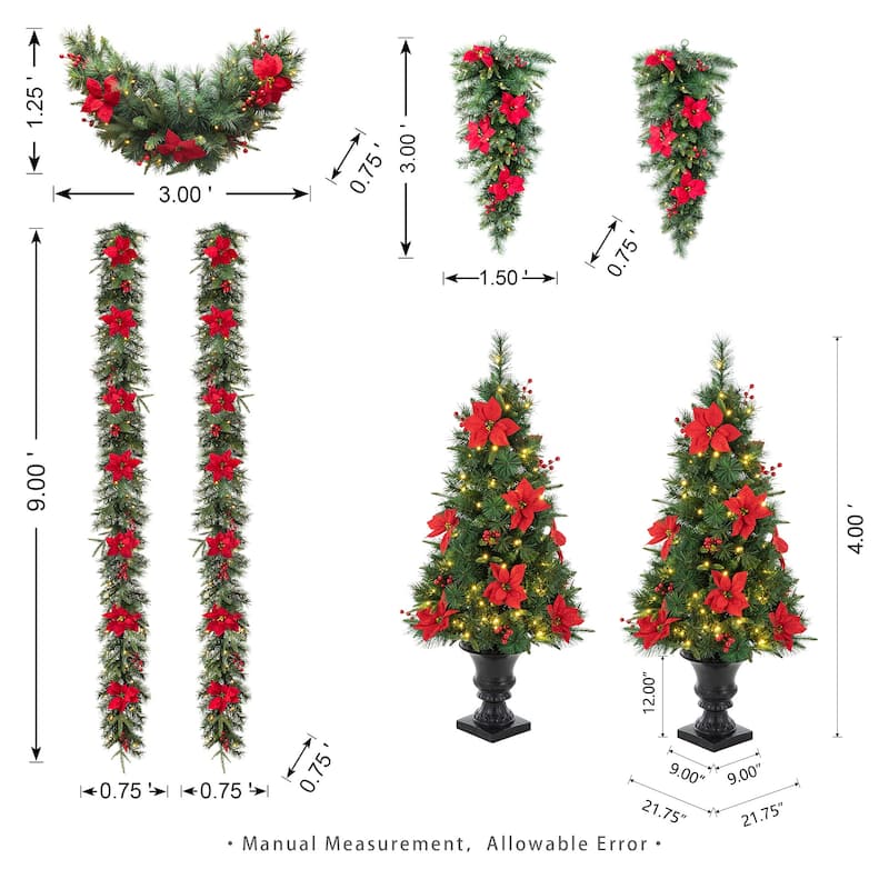 Glitzhome 4ft/5ft Pre-Lit Pine Artificial Christmas Potted Trees with Warm White Lights and Poinsettia Home Porch Decoration