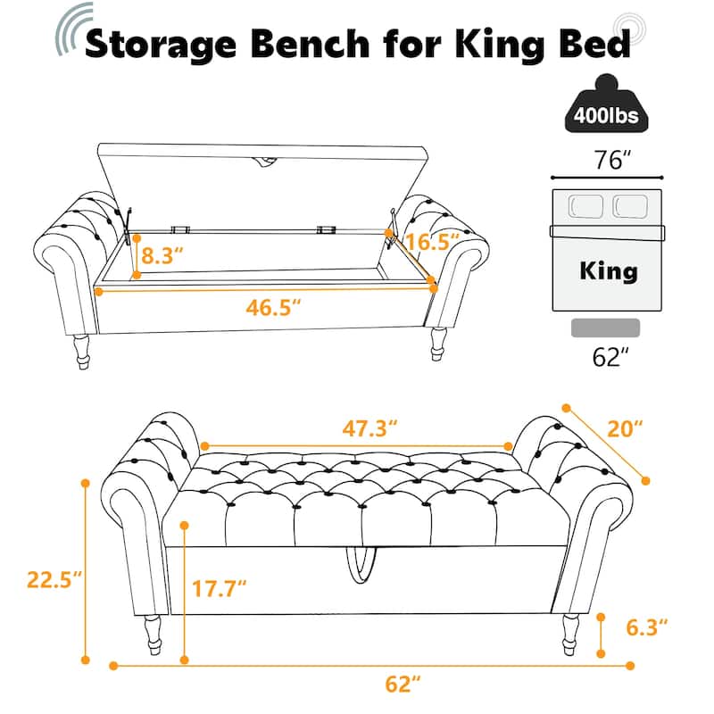 67" Velvet Tufted Storage Bench for Bedroom End of Bed with Roll Arms