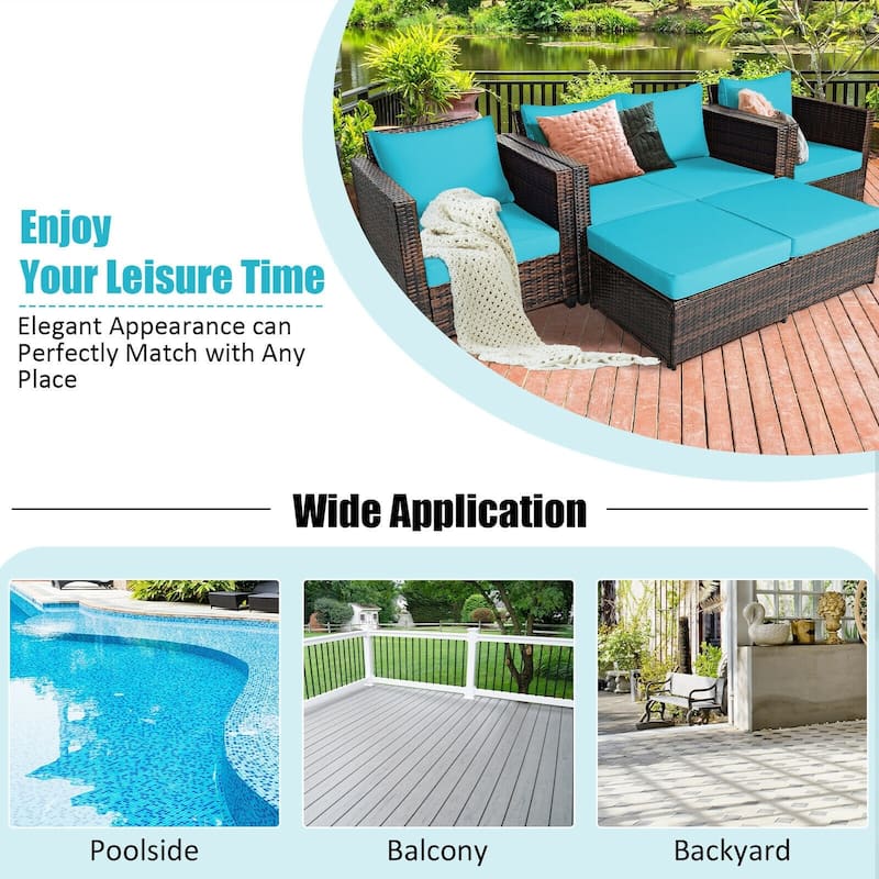 5 Pieces Patio Cushioned Rattan Furniture Set - 50" x 30.5" x 29" (L x W x H)