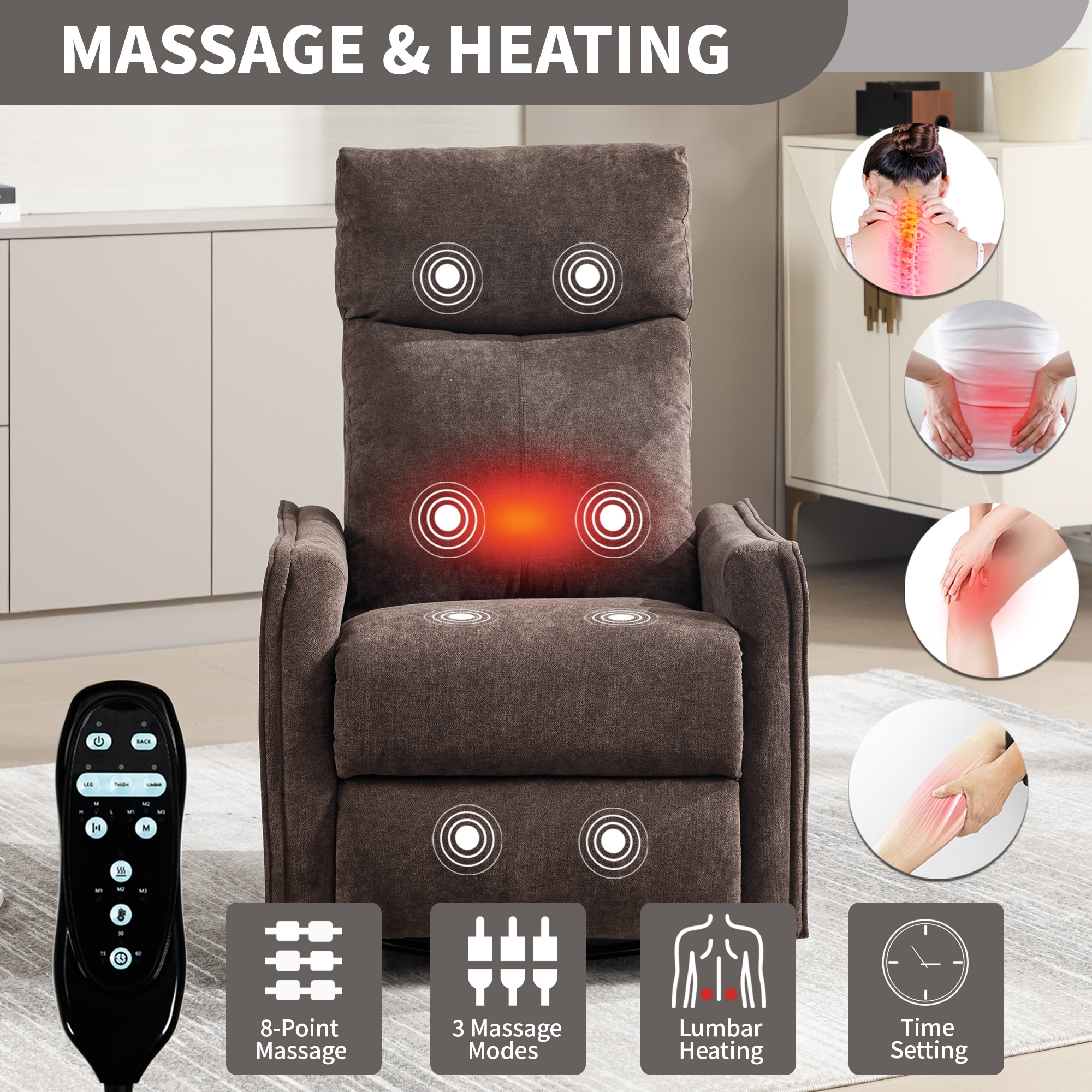 Chenille Rocker & Swivel Recliner, Heat Massage Chair with Heating