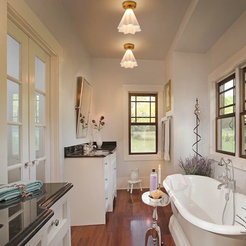 Vintage 1-Light Glass Cone Flush Mount Ceiling Light - Brass