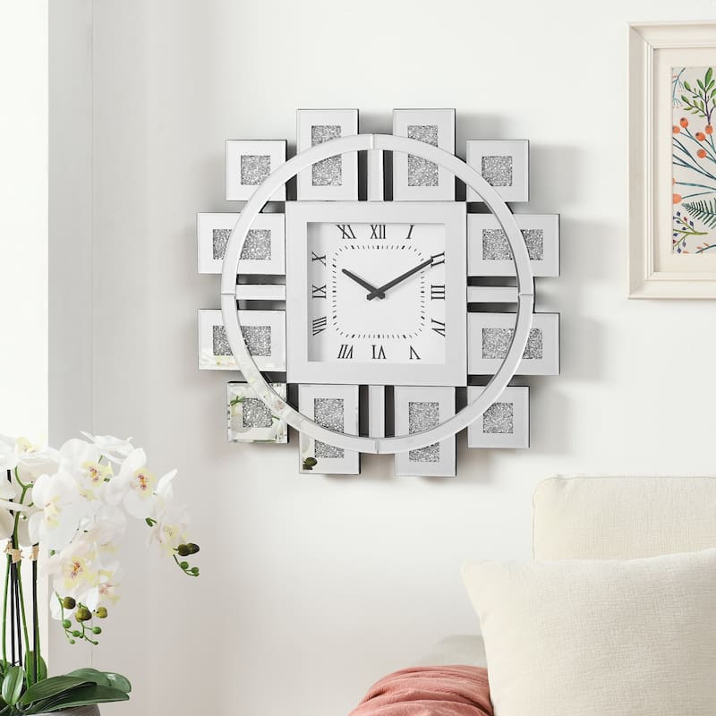 24" Square Mirror and Artificial Jewel Wall Clock - Silver