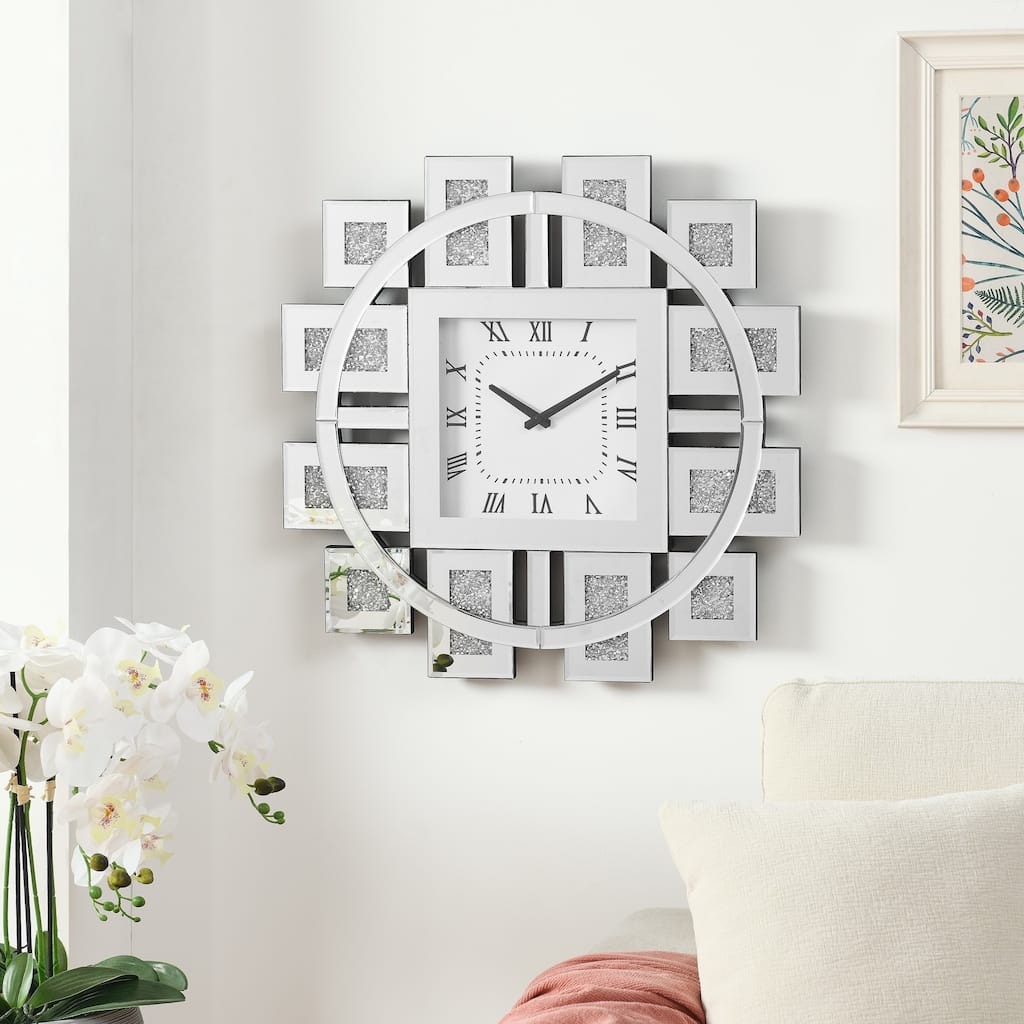 24" Square Mirror and Artificial Jewel Wall Clock
