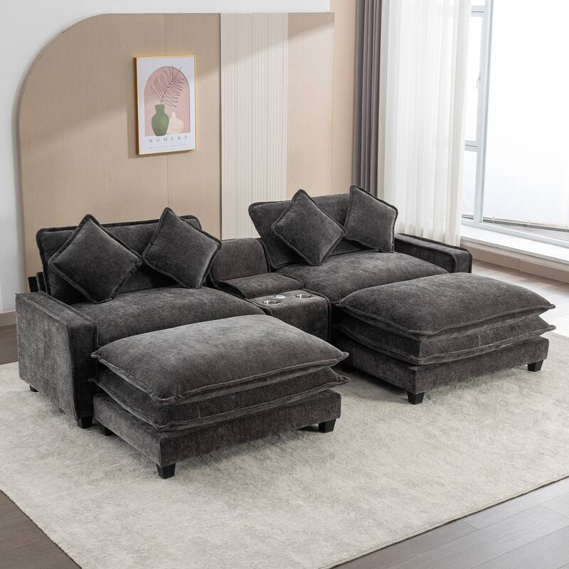 111" Grey Chenille Sectional Sofa with 2 Removable Ottomans, USB Ports, Cup Holders & Storage Box