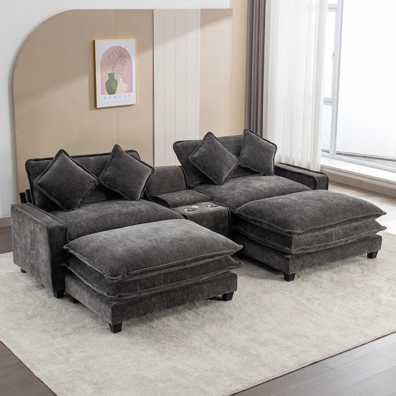 Roomfitters Chenille Sectional Sofa with 2 Ottomans, USB Ports, Cup Holders and Storage Box for Living Room