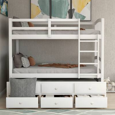 Twin Over Twin Bunk Bed with Ladder and Safety Rail, Twin Trundle Bed with 3 Drawers for Teens Bedroom, Guest Room Furniture