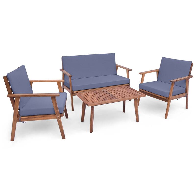 4 PCS Patio Conversation Set Acacia Wood Sofa Coffee Table w/ Cushions - Grey