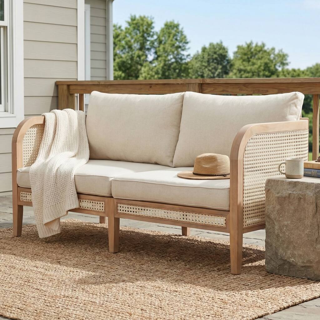 Christopher Knight Home - Kirkby Outdoor Acacia Wood Loveseat with Woven Rattan Panels and Soft Cushions